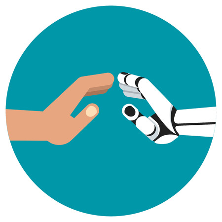 Touch hands of robot and human. Development of progressive innovative technologies, robotics. Flat vector cartoon illustration. Objects isolated on white background.のイラスト素材