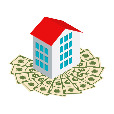 Isometric real estate. House for sale, purchase of private property. Paper cash, home. Flat vector cartoon illustration. Objects isolated on white background.のイラスト素材