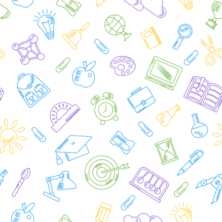 School seamless pattern with education supplies. Textures, backgrounds and templates for promotional materials and fabrics.のイラスト素材