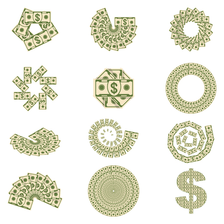 Paper dollar money spread out in a fan. Set a various kind of money. Flat vector cartoon money illustration. Objects isolated on a white background.のイラスト素材