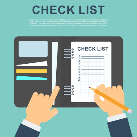 Businessmen put marks in the checklist. Office planning and management. Flat vector cartoon illustration. Objects isolated on white background.のイラスト素材