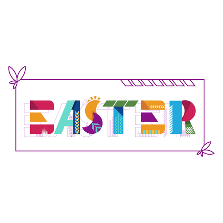 Easter geometric lettering. Art text decoration for greeting card, banner for advertising on site and social networks. Flat vector cartoon illustration. Objects isolated on white background.のイラスト素材