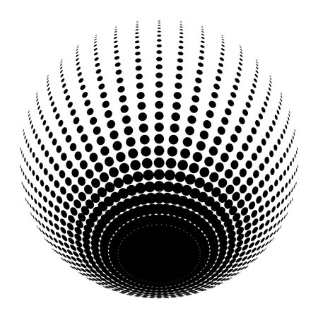 Abstract round 3d black sphere consisting of dots in form of halftone. Scientific and technical frame illustration. Flat cartoon illustration. Objects isolated on a white background.のイラスト素材