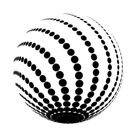 Abstract round 3d black sphere consisting of dots in form of halftone. Scientific and technical frame illustration. Flat cartoon illustration. Objects isolated on a white background.のイラスト素材