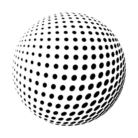 Set of abstract round 3d black sphere consisting of dots in form of halftone. Scientific and technical frame illustration. Flat cartoon illustration. Objects isolated on a white background.のイラスト素材