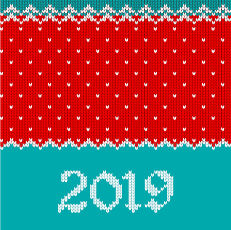 Decoration for the greeting card 2019 for the new year and Christmas. Red knitted pattern with fair isle ornament with snowflakes and snowflakes and decorative elements.のイラスト素材