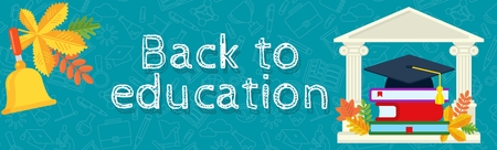 Mortarboard on a pile of books in university knowledge. Symbol of higher education and schooling. Poster for advertising educational institutions, courses and trainings. Flat illustration.のイラスト素材