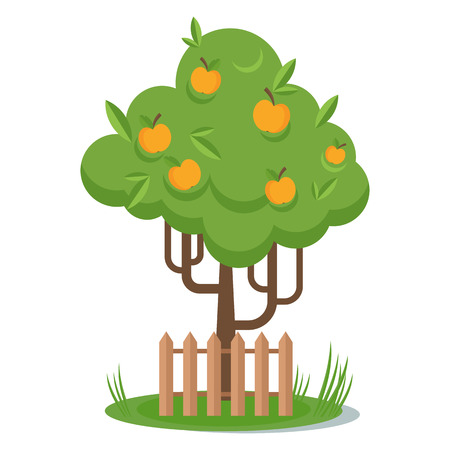 Apple picking. Flat vector cartoon illustration. Objects isolated ongreen background.のイラスト素材