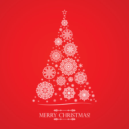 White snowflakes in the form of a Christmas tree on a red abstract background. Stylish minimalistic Christmas card for Xmas and New Year.のイラスト素材