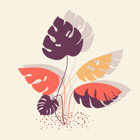 Prints of monstera leaves. Silhouettes of color leaf of a plant. Imprint for creating tropical patterns for fabric, wallpaper, packaging and other backgrounds.のイラスト素材