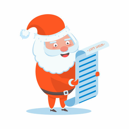 Funny happy Santa Claus character reads the list of wishes and gifts. Celebration of Merry Christmas and New Year. For Holiday Greeting cards, banners, tags and labels.のイラスト素材