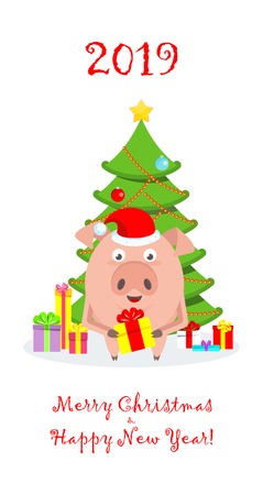 Greeting card with funny merry pig in Santa Claus hatのイラスト素材