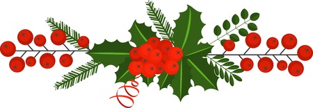 Holly berry, pine branch and cones, snowflakes, serpentine and caramel cane. Decoration for traditional wreath on door to Christmas, New year. For greeting card, vignette, banner, email for holiday.のイラスト素材