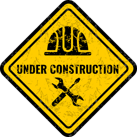 Grunge and dirty, scratched under construction Warning road sign. Logo concept. Conceptual image of tools for repair, construction and builder. Cartoon flat illustration isolated on white background.のイラスト素材