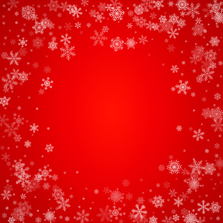 Christmas blizzard. Snowfall made from flat snowflakes with a random opacity effect on a red background. or greeting cards for Christmas and New Year.のイラスト素材