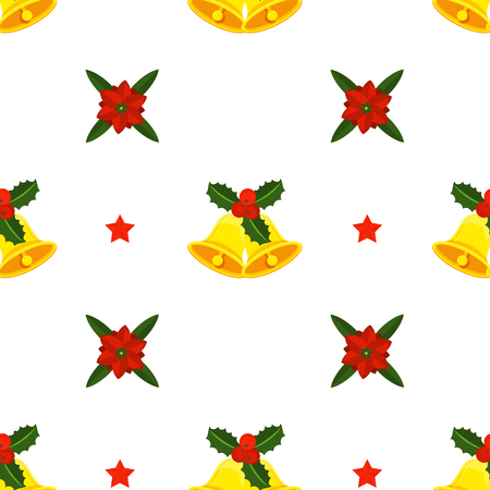 Holly berry, serpentine and gold jingle bells seamless pattern. Decoration for Christmas, New year. For greeting card, vignette, banner, email for holiday.のイラスト素材