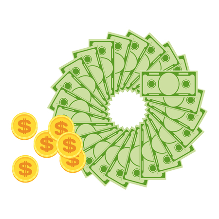 Fan of banknotes and golden coins. Flat vector cartoon money illustration.のイラスト素材