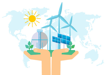 Hands holding Solar energy and wind energy. Dirty city, factories and air pollution. Image for earth day, world environment day. Ecology design concept.のイラスト素材