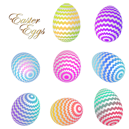 Set of realistic 3D Easter eggs with bright gradient geometric stripのイラスト素材