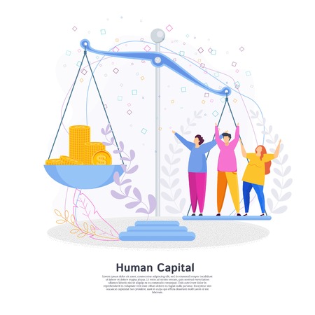 Human Capital Concept. People and money on the scales. The team of employees is valued more than money.のイラスト素材