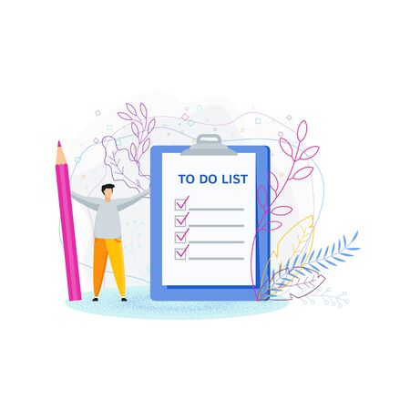 To do list concept. Tiny man with a huge pencil near the to-do list. Daily routine and planning, time management flat vector cartoon illustration. Objects isolated on background.のイラスト素材