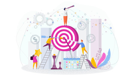 Little people near a huge target. Achievement of the goalのイラスト素材
