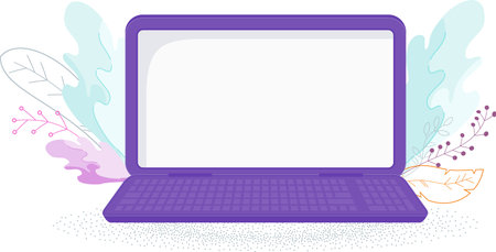Open laptop with blank screen. Trendy plants in the background.のイラスト素材
