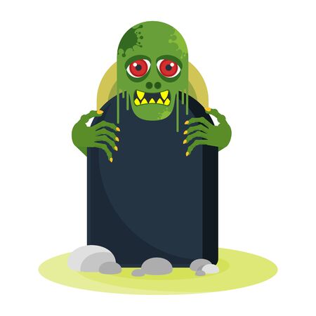 Green toothy zombie with red eyes peeps out from behind a gravestone.のイラスト素材