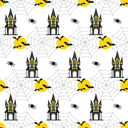 Halloween seamless pattern. Castle, web and moon.のイラスト素材