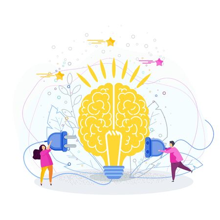 Tiny people connect the brain to an electrical network. Business metaphor. Idea, inspiration, mind and intelligence. Trendy flat vector style.のイラスト素材