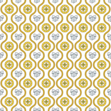 Seamless pattern with golden silk cords, bows and medallions.のイラスト素材