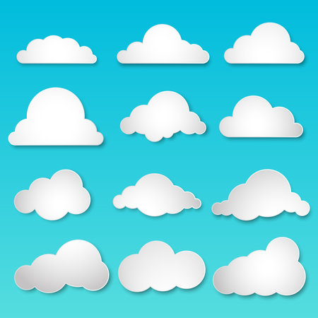 Set of small white clouds with gradient fill and a soft feathery shadow.のイラスト素材