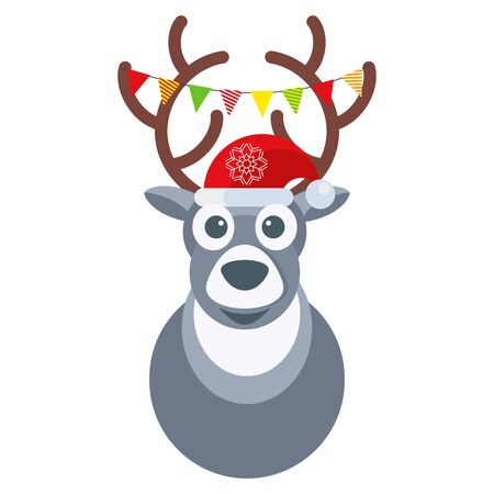 Funny reindeer santa claus in a hat and scarf waving his paw.のイラスト素材
