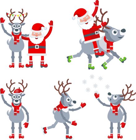Funny reindeer santa claus in a hat and scarf waving his paw.のイラスト素材