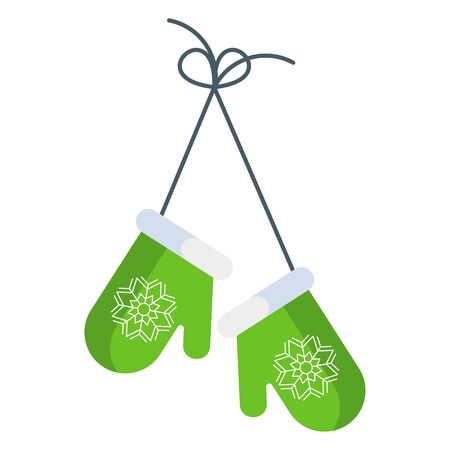 Green winter knitted mittens. Flat cartoon illustrationのイラスト素材