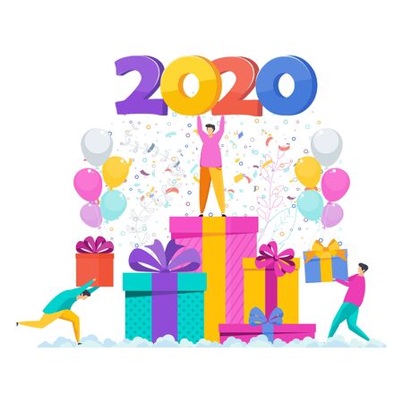 Tiny man is standing on a pile of boxes. Greeting card for the new year. Garland hangs. Flashes of fireworks, streamer, confetti. Flat vector illustration for flyer and booklet, brochure and website.のイラスト素材