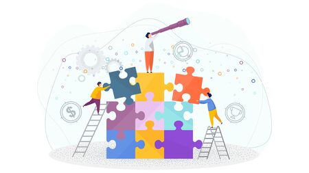 Tiny people assemble a puzzle. Metaphor of teamwork. Human resource. The cohesion of people around the same idea, the work to achieve a result. Vector flat cartoon Character illustration.のイラスト素材