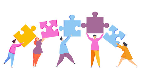 Tiny people put the pieces of the puzzle together. Teamwork, help and support, mutual understanding. Human Resource Management and Problem Solving. Trendy flat vector style.のイラスト素材