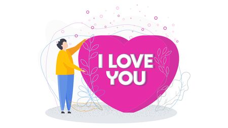 Man holds a huge heart. I love you. Search for a partner, lover. Date invitation. A romantic offer. Loneliness and the search for a life partner. Flat trending vector illustration.のイラスト素材