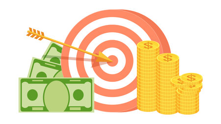 White-red target with an arrow in the center. Packs of money and stacks of coins lie nearby. Business metaphor. Achieving a financial goal. Economic success. Flat vector cartoon illustration.のイラスト素材