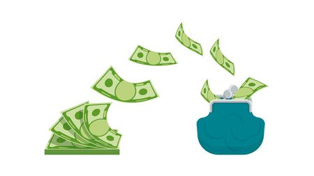 Money flies into your wallet. Flat vector cartoon money illustration. Objects isolated on a white background.のイラスト素材