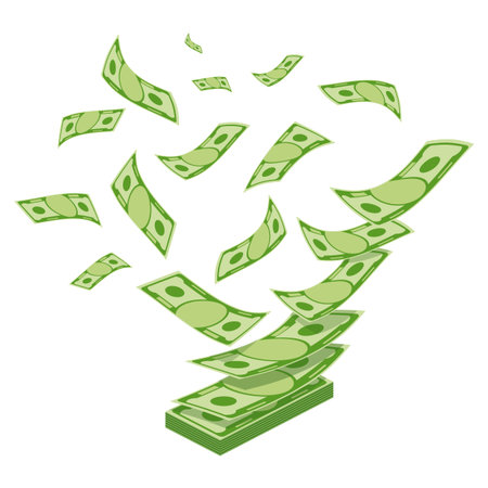Money falls from above and piles. Banknotes, bills fly, gold coins. Flat vector cartoon money illustration. Objects isolated on a white background.のイラスト素材