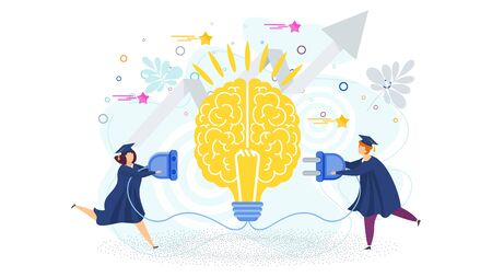 Two students are connect brain to an electrical network. Metaphor of learning, knowledge, and education. Graduation high school celebration. Idea, inspiration, mind and intelligence. Trendy flat vector style.のイラスト素材