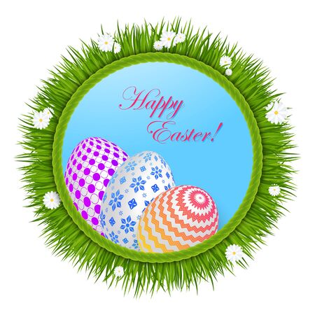 Easter greeting card template. Easter eggs on green grass with daisies.のイラスト素材
