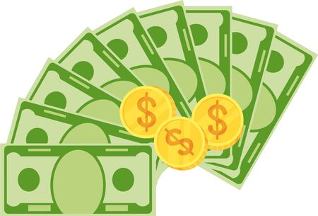 Various kind of money. Packing in bundles of bank notes, bills fly, gold coins. Flat vector cartoon money illustration. Objects isolated on a white background.のイラスト素材