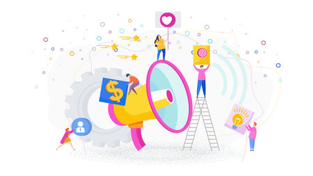 Advertising business concept. Tiny people near a huge megaphone.のイラスト素材