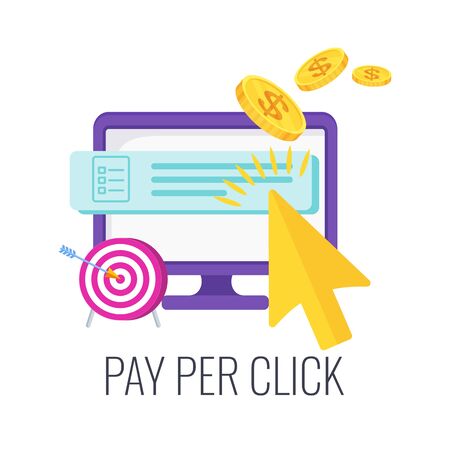 Pay per click infographics pictogram. Strategy, management and marketing. Internet advertising model used to drive traffic to websites. Successful business. Flat vector illustration.のイラスト素材