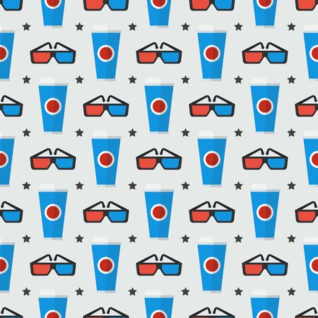 Cinema seamless pattern. Wallpaper with popcorn, stereo glasses and stars.のイラスト素材