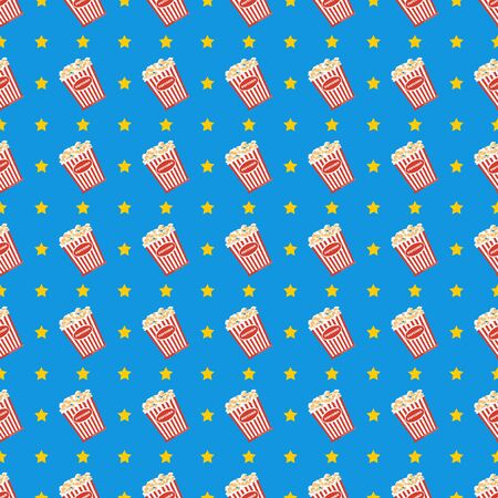 Cinema seamless pattern. Wallpaper with popcorn, stereo glasses and stars.のイラスト素材