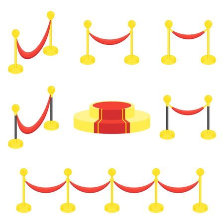 Fence posts with rope for red carpet of honor. Red carpet for holiday greeting ceremonies. Award, honoring the winners, famous people, celebrities. Flat vector cartoon illustration.のイラスト素材